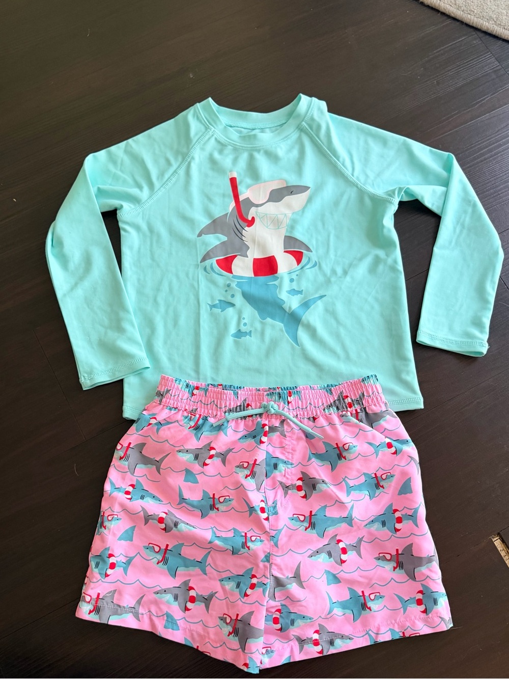 Kids Shark Rash Guard Set - Mint Top & Pink Shorts